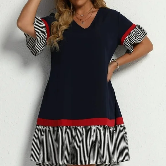SHEIN | Dresses | Shein Womens Contrast Stripped Flounce Sleeve Smock Dress  Nwot | Poshmark